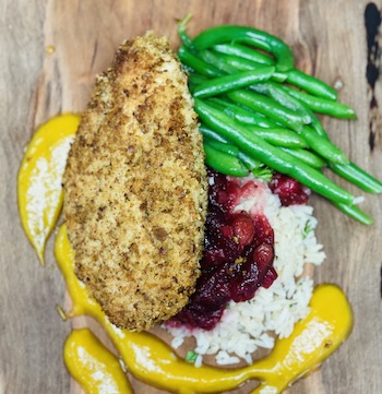 Pumpkin Seed-Panko crusted Chicken Breast with Butternut Squash sauce