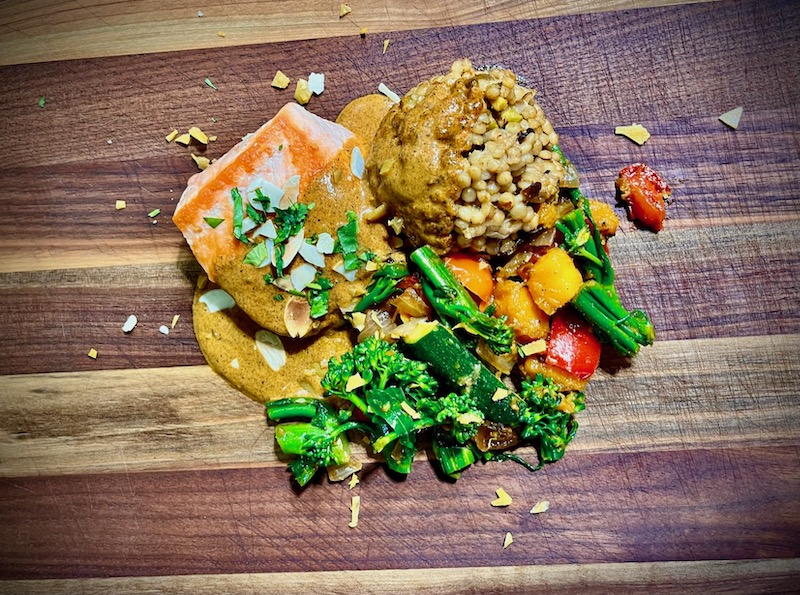 Moroccan Spiced Salmon with Red Pepper Harissa Sauce